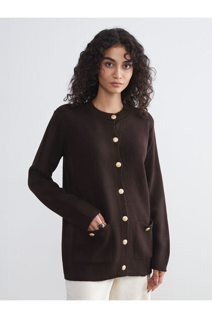 Brown Crew Neck Women's Knitwear Cardigan