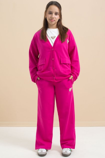 Fuchsia Logo Detailed Buttoned Cardigan Girls' Slit 3-Piece Horse-Top Set 21378