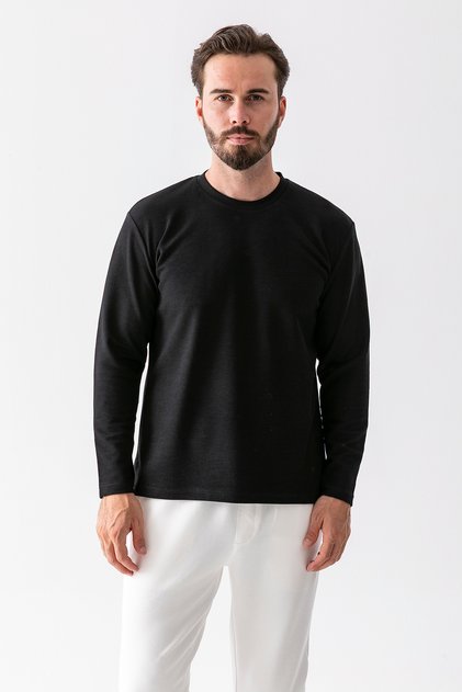 Men's Crew Neck Textured Cotton Sweatshirt Black - 5714