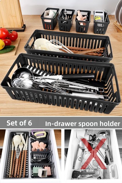 6 Piece Modular Cutlery Set - Multi-Purpose Drawer Organizer Kitchen Organizer Ladle Black