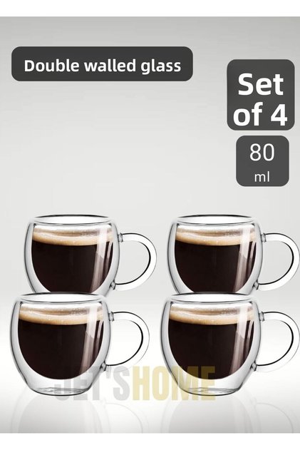 Set of 4 Espresso Cups with Handles, Doppio Ristretto Cups, Double Walled Turkish Coffee Cups, 80 ml