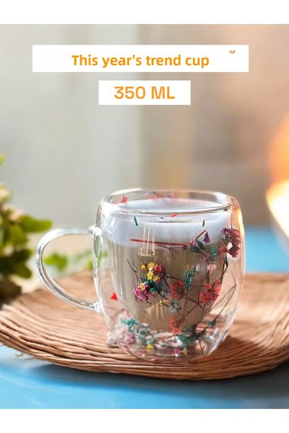 350 Ml Floral Borosilicate Cup - Heat Resistant, Double Walled Coffee Presentation Cup