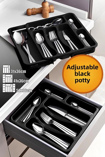Black Openable Adjustable Sliding Cutlery Drawer Knife Spoon Fork Organizer Double Wing.