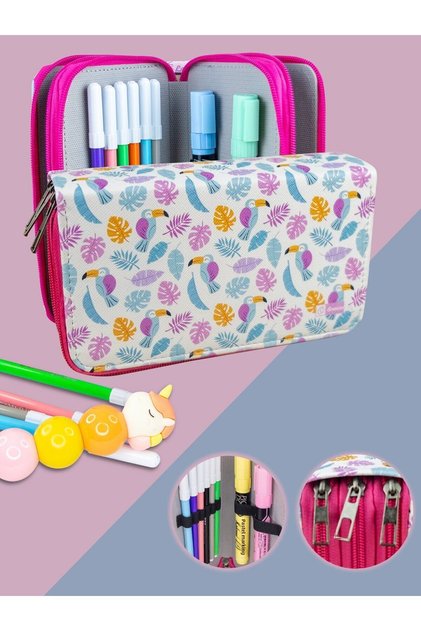 Pencil Case Tucan Bird Themed Orginazer Three Compartment Vegan Leather (Pencil Holder)