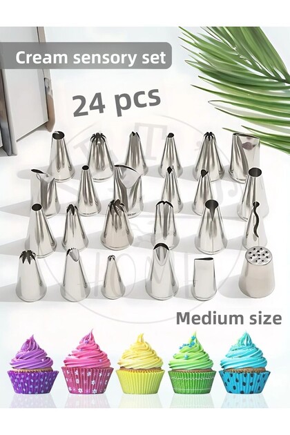 24 Piece Cream Tip Set Medium Size Cupcake, Cake and Cookie Decorating Set Stainless Steel