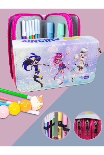 Pencil Case Super Star Girls Themed Orginazer Three Compartment Vegan Leather (Pen Holder)