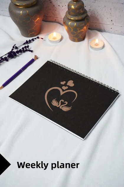 A5 Swan Love Design Black Kraft Cover Notebook - Weekly Planner - 52 Sheets 15X21 cm