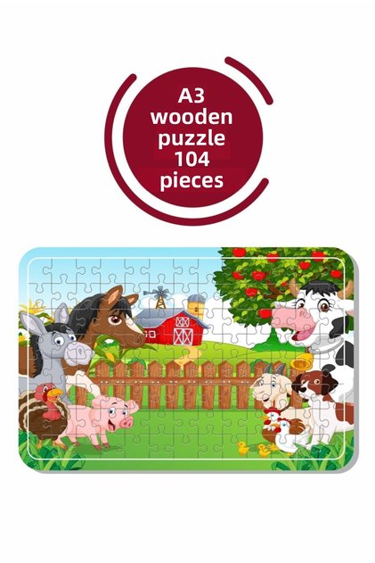 Cute Animals And Farm A3 104 Piece Wooden Puzzle
