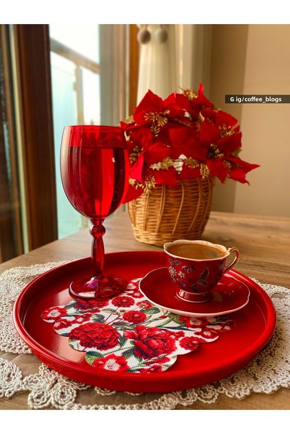 Red Hydrangea, Rose and Violet Patterned Laser Cut Fabric Cocktail Napkin 1 Piece