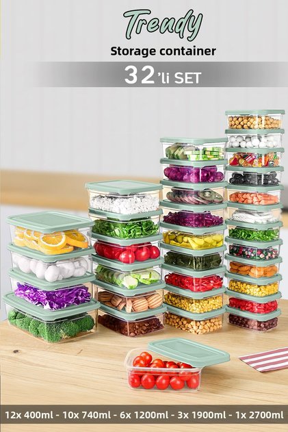 Set of 32 Rectangular Food Storage Containers - Microwave Safe Organizer Food Container Green