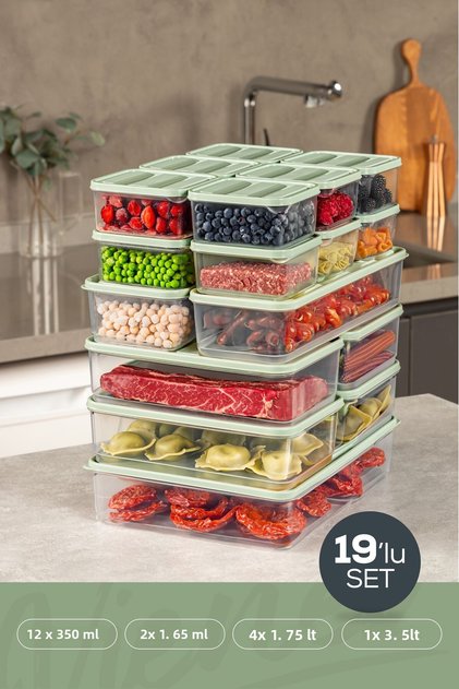 19-Piece Refrigerator Freezer Organizer and Storage Container Mint 12X(350ml) 4X(1.75Lt) 2X(1.65Lt) 1X(3.5Lt)