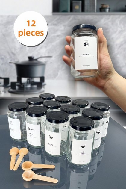 12-Piece Glass Jar Spice Rack with Metal Lids and Bamboo Spoons and 32-Piece Spice Label Set - 240ml