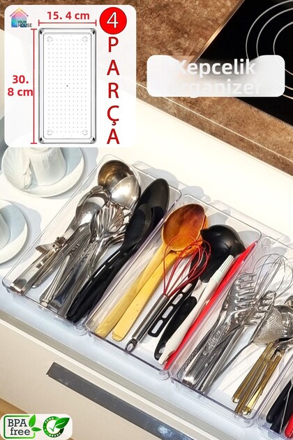4 Pieces of Kepçelik Organizer Transparent Drawer Organizer (30.8 cm * 15.4 cm X 4 Pieces)