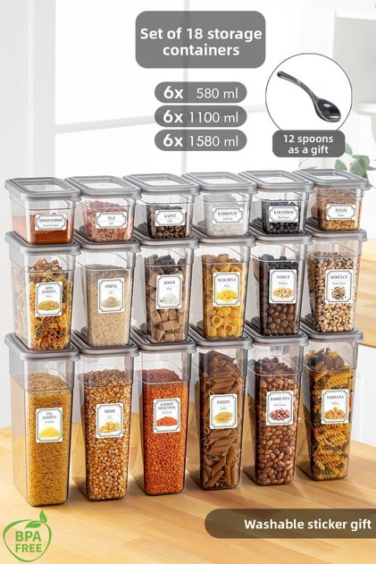18-Piece Leak-Proof Storage Container Set with Lids and Spoons - Seasoning Container with Labels - 6X(580 Ml, 1100 Ml, 1580 ml)
