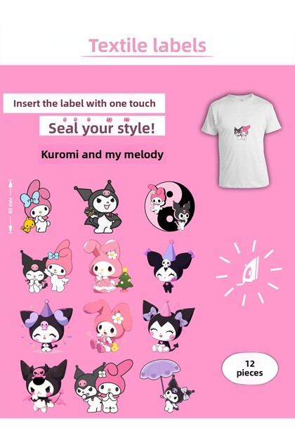 Iron-On Clothing Tag Kuromi and My Melody Set of 12