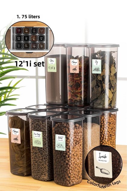 12 Pieces 1.75 Liter Peggy Square Food Storage Container with Colorful Labels Anthracite