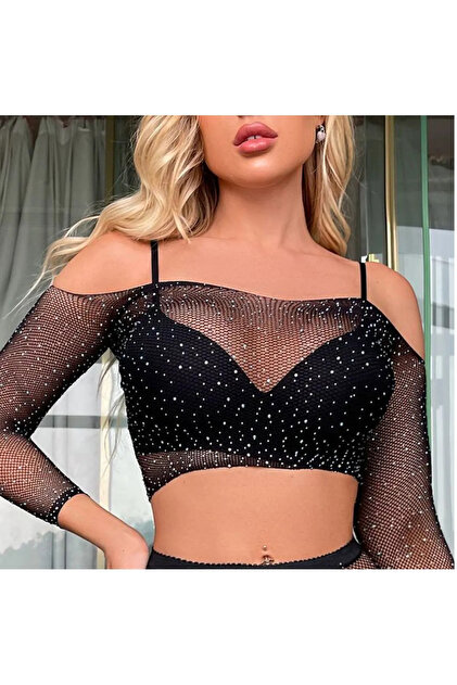 Uzun Kollu Taşlı Sırt Dekolteli Taşlı Bluz Crop