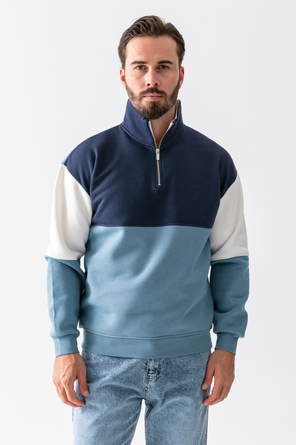 Men's Stand Collar Half Zipper 3 Thread Sweatshirt Light Blue - 25K 5719