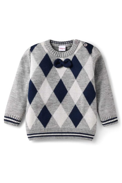 Knitted Full Sleeves Pullover Sweater with Argyle Design & Bow Applique - Grey