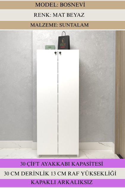 Kapaklı Ayakkabılık Bosnevi Mat Beyaz Suntalam 155*060*30 Otuz Çift Ayakkabı Kapasitesi Arkalıksız