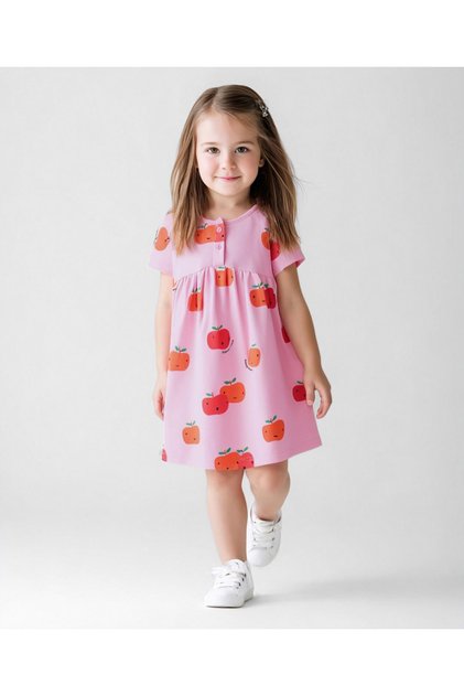 100% Cotton Half Sleeves Fruits Printed Dress - Pink