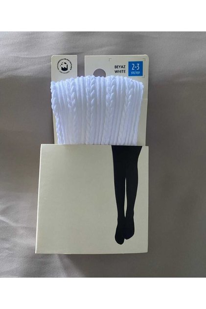Girl's Seasonal 80 Den Knit Ted Patterned White Pantyhose (Back to School)