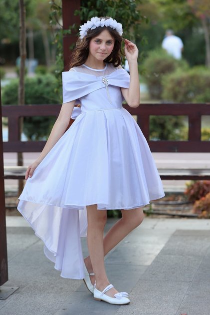 Short Front Long Back Madonna Collar Look Bow Stone Accessory Detail Girl's Evening Dress
