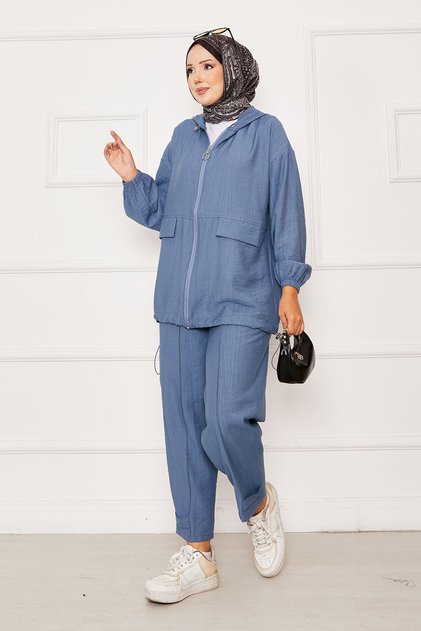 Hooded Zipper Detailed Casual Double Suit Indigo