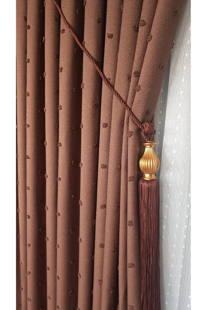 Linen Textured Pompom Brown Panel Backdrop Curtain Luxury Heavy Weight Tek Wing 1/3 Squeeze Pleated