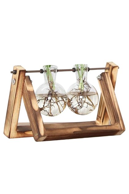 Glass Planter Bulb Vase with Retro Solid Wooden Stand and Metal Swivel Holder Clear/Brown