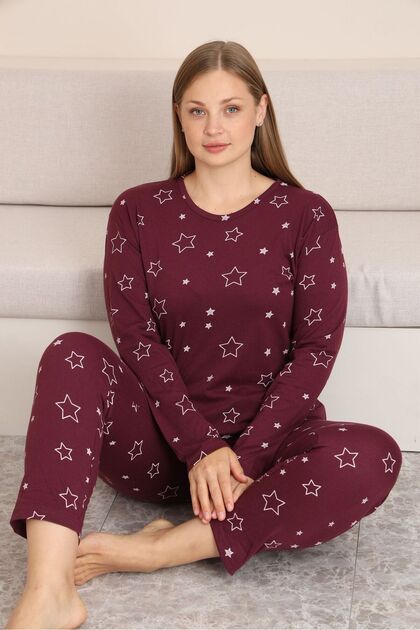 Battal Long Sleeve Star Printed Pajama Set - Bordo