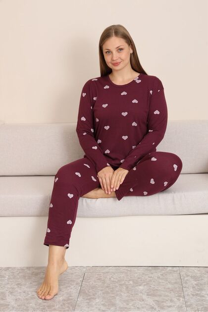 Battal Long Sleeve Hearted Pajama Set - Bordo