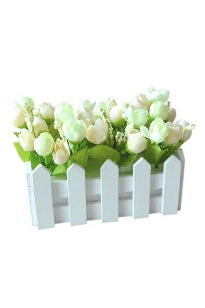 Artificial Flower Set With Wooden Fence Green/White
