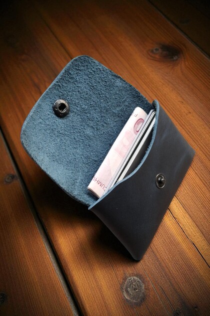 Blue Genuine Leather Card Holder Wallet, Minimal, Handmade, Seamless Design with Snap Closure