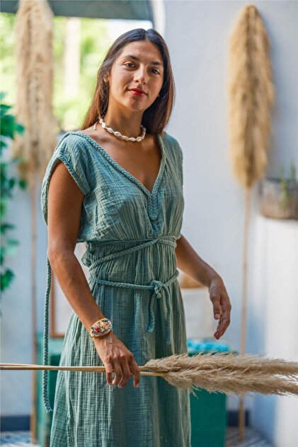 Miss Boheme Green Color Cleopatra Hair Braided Muslin Dress- Trendyol Miss Boheme Green Color Cleopatra Hair Braided Muslin Dress- Trendyol