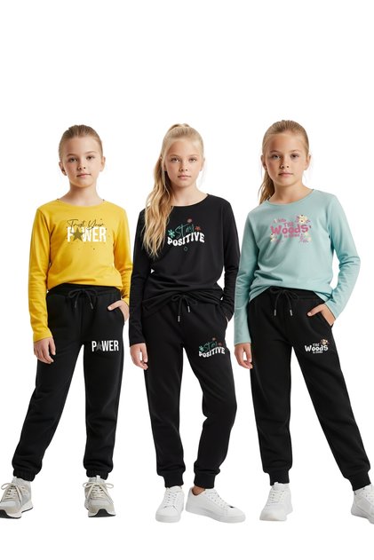3-Piece Crew Neck Printed Detail Girl's Suprem Bottom-Top Set