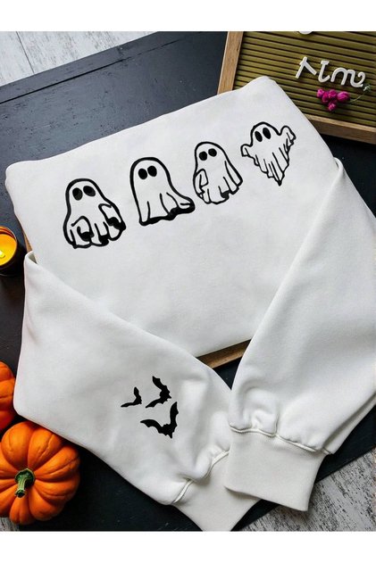 Women's Unisex Sweet Ghosts Printed 3 Thread Inside Raised Crew Neck Sweatshirt