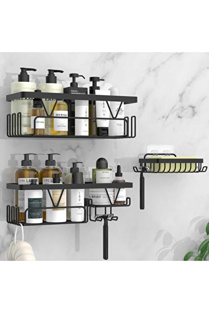 Set de 3 rafturi de duș Elindor®, oțel inoxidabil, adeziv puternic, negru