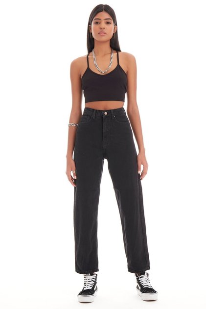 Li̇nda-Women's Black Black Od Color Balloon Mom Fit Comfortable Fit High Waist Jean