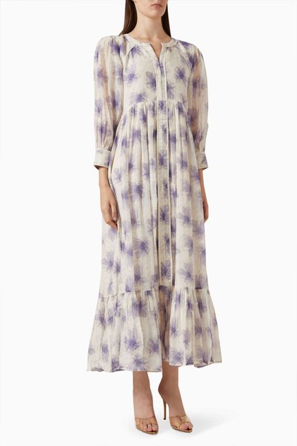 Lightweight Cotton-Satin Midi Dress for Garden Parties - Floral Print, Lilac Color, Two-Thirds Sleeves