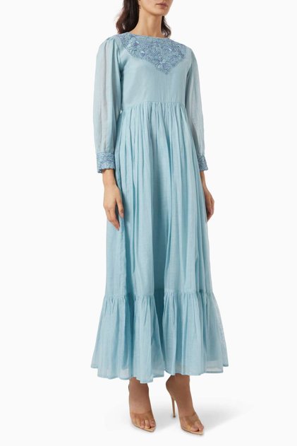 Blue Maxi Dress with Floral Print - Flowy Hem, Embroidered Neckline, Back Button, Machine Washable