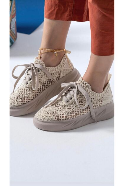 Non-Slip Sole Casual Losa Model Beige Lace Sports Shoes