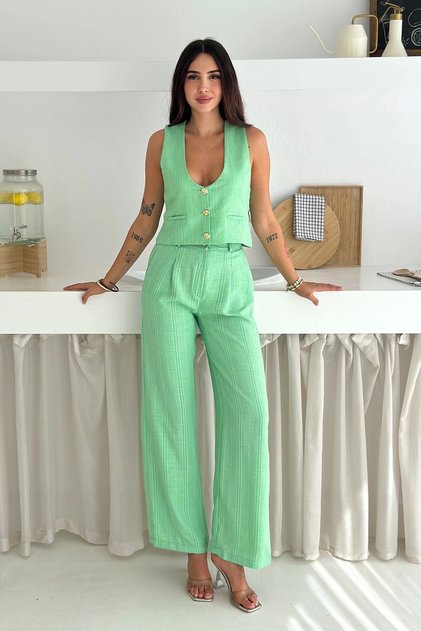 Striped Fabric Vest Suit Green