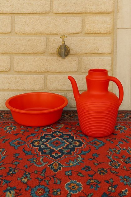 40 Cm Sığ Leğen ve Kırmızı İbrik Takımı – Bebek Banyosu, Abdest ve Duş İçin Pratik Set
