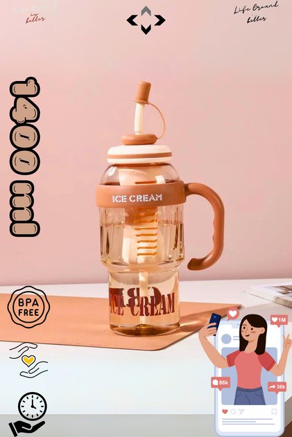 Infuencer's 1400 ml Colorful Handled Tritan Detox Flask Water Bottle with Straw, Sports Daily School Water Bottle