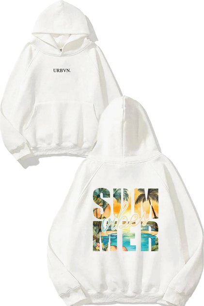 Summer Vibes Design Printed Oversize White Hooded Sweatshirt
