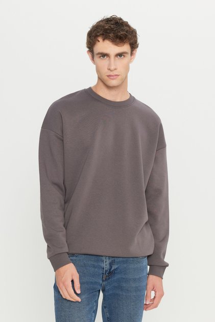 Erkek Koyu Gri Oversize Fit Bol Kesim Pamuklu Içi Polarlı 3 Iplik Bisiklet Yaka Sweatshirt