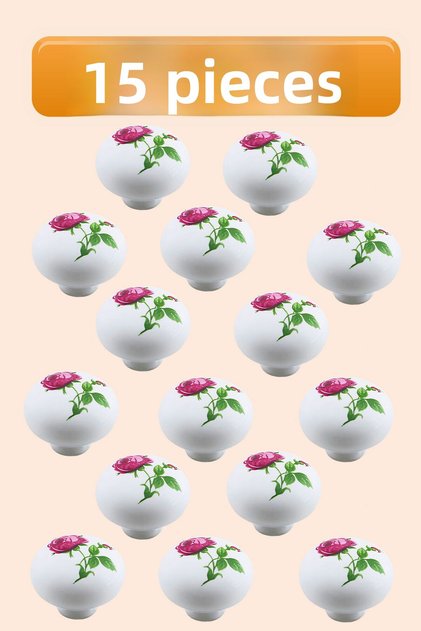 15 Pcs Pink Rose Patterned White Polymer Button Handle Mushroom Furniture Kitchen Cabinet Drawer Handle with Handle