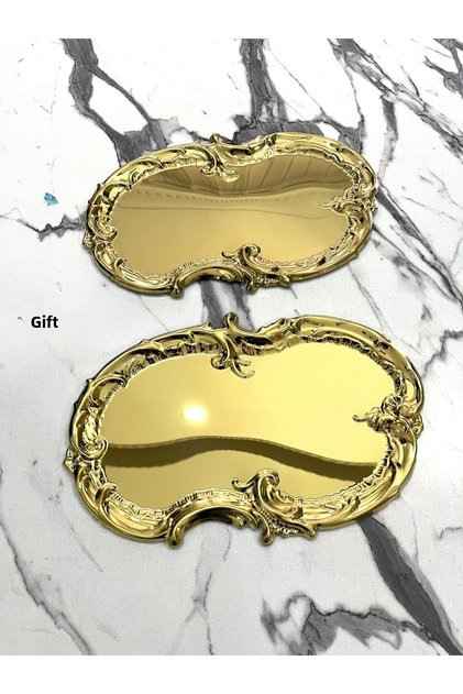 2 Pieces Gold Stainless Steel Artnova Embroidered Pattern Tea, Coffee, Catering and Dowry Presentation Tray
