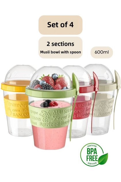 4-Piece Prepare and Go Fruit Yogurt Container with Spoon and Practical Portable Snack Musli Container